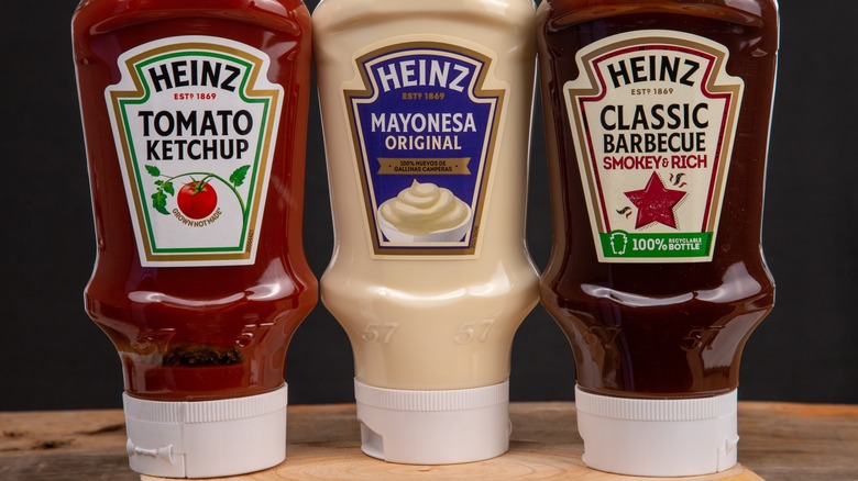 heinz ketchup, mayo, and barbecue squeeze bottles