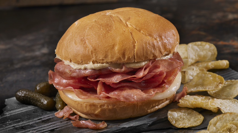 Mortadella sandwich with pickles and chips 