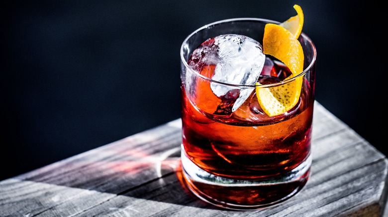 Negroni cocktail garnished with orange peel