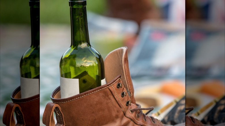 bottle of wine nestled in a boot