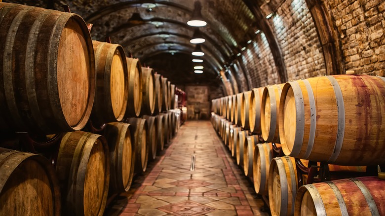 oak barrels in wine cave