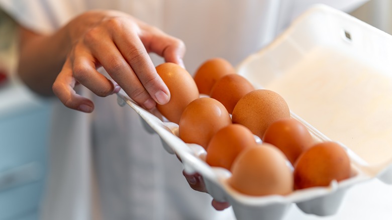 person holding a carton of eggs 