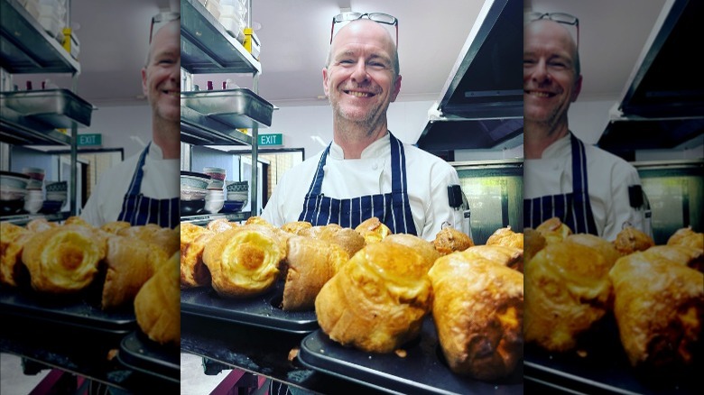 Johnny Mountain smiling with Yorkshire pudding