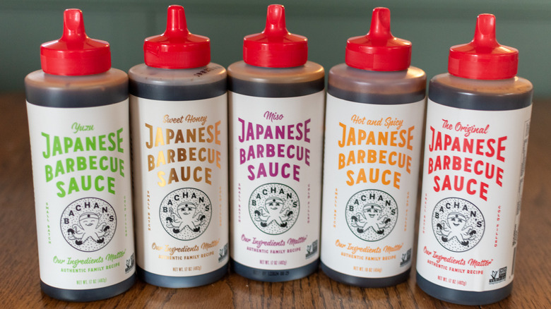 Five bottles of Bachan's Japanese barbecue sauces