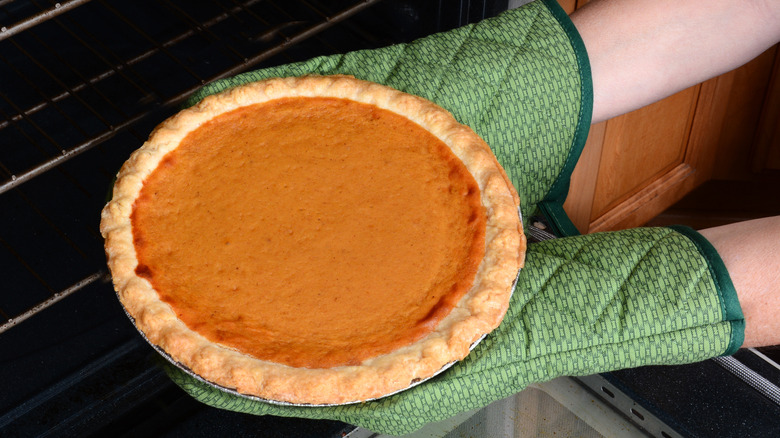 pumpkin pie coming out of the oven