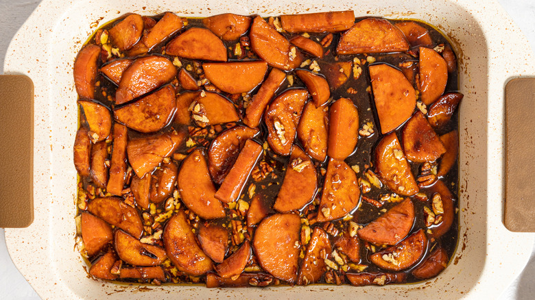 candied yam dish with pecans