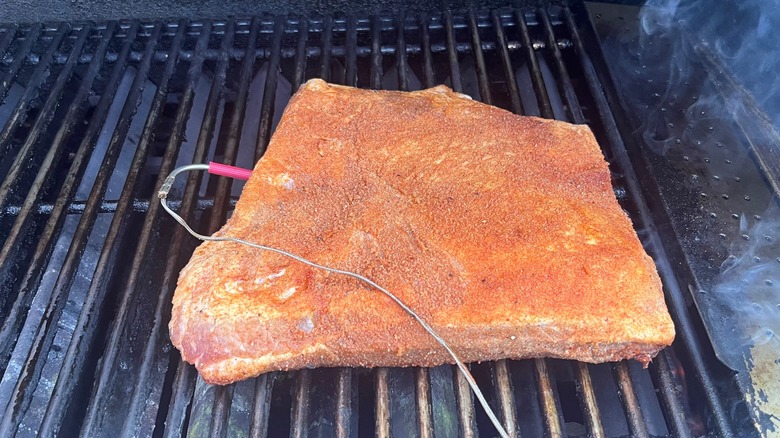 seasoned brisket on gas grill