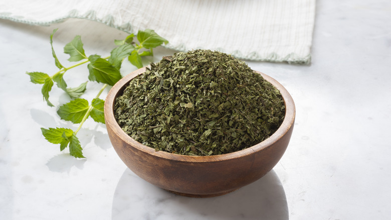 A bowl of dried mint