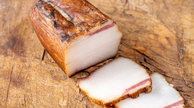 A block of sliced smoked lard