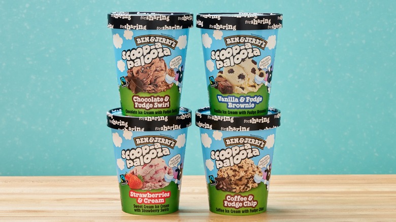 Four Ben & Jerry's ice cream containers in 28 ounce sizes are stacked in pairs of two