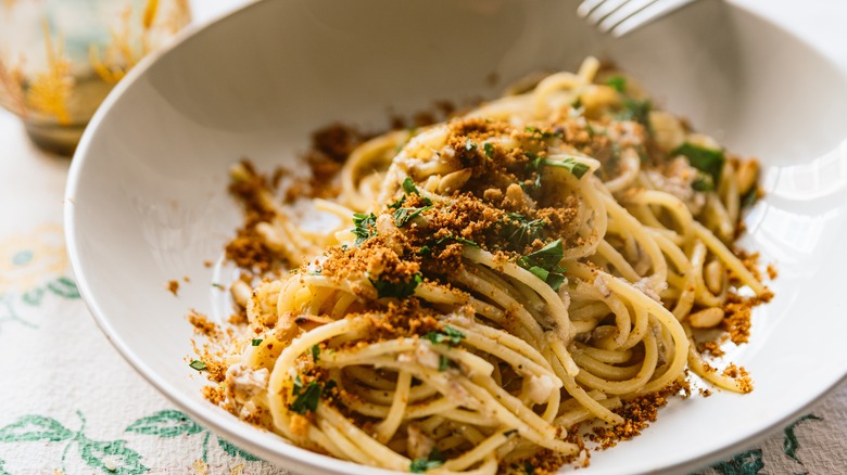 Bowl of pasta with breadcrumbs