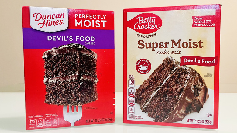 Boxes of Duncan Hines and Betty Crocker Devil's Food cake mix