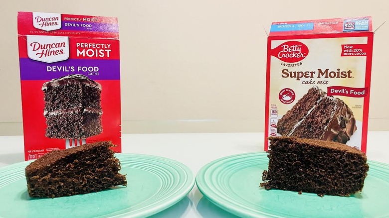 Slices of Duncan Hines and Betty Crocker Devil's Food cake mix