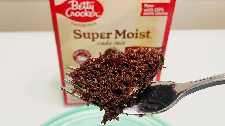 Close-up of bite of Betty Crocker cake on fork