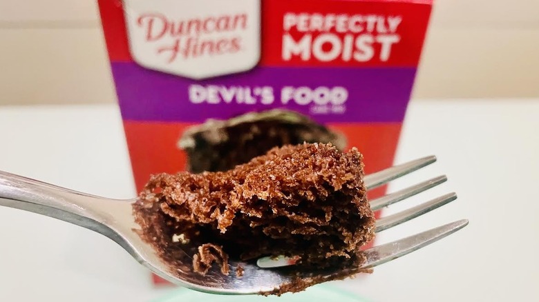 Close-up of bite of Duncan Hines cake on fork