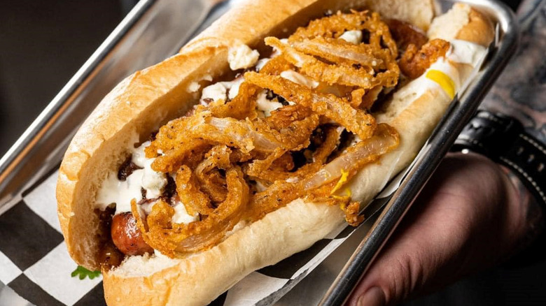 The Elk Jalapeño Cheddar dog is one of the signature hot dogs at Biker Jim's Dogs in Denver, Colorado.