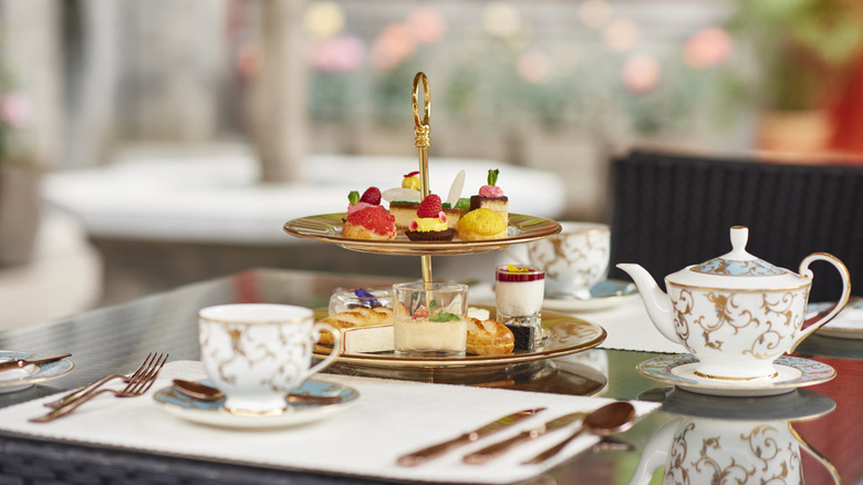 A traditional British high tea spread.