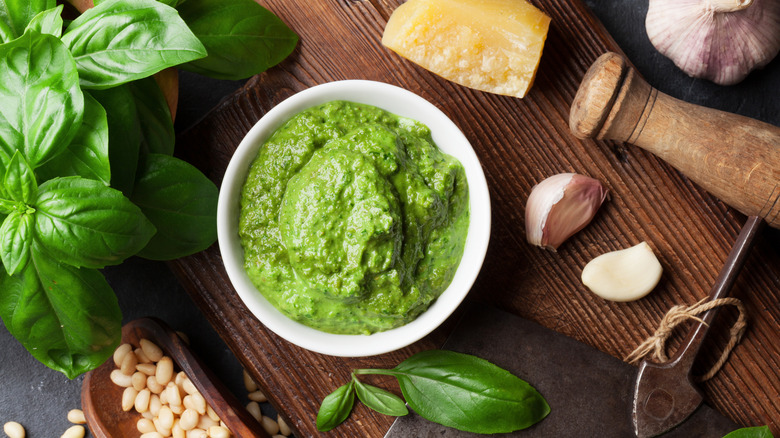 Pesto with fresh basil and other ingredients