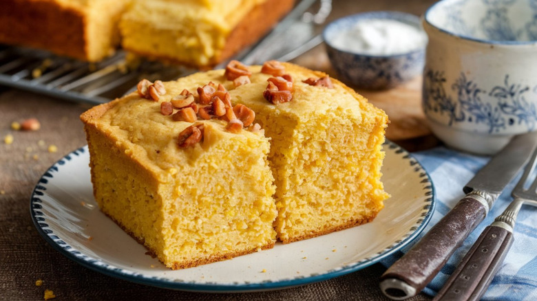 Slice of cornbread cut in the middle and topped with nuts