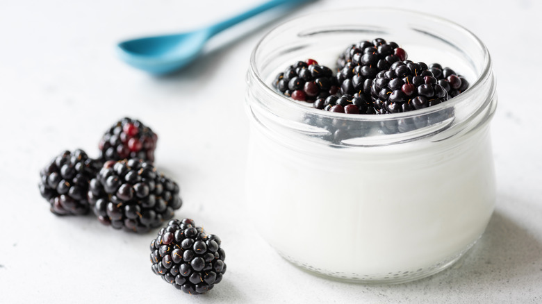 Greek yogurt in a jar with blackberries