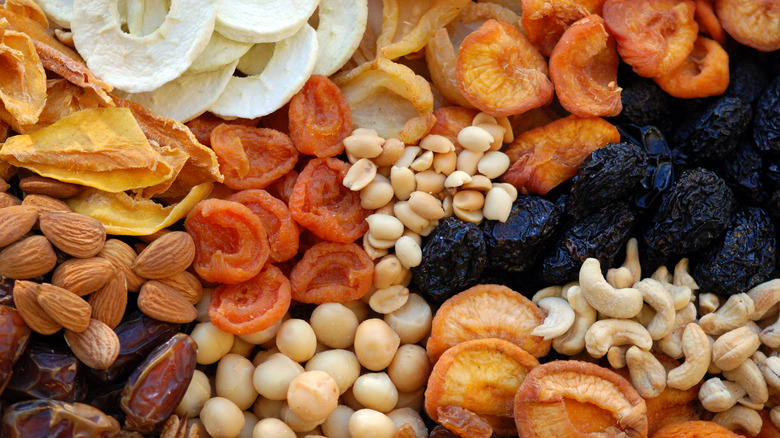 overhead shot of assorted dried fruit and nuts
