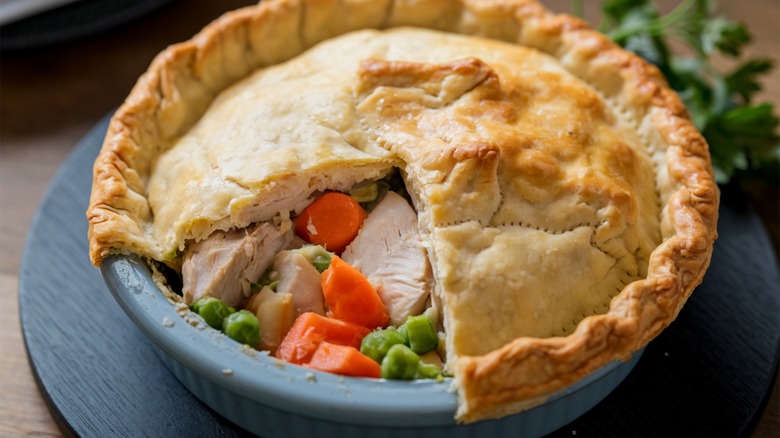 Chicken pot pie with a wedge cut out