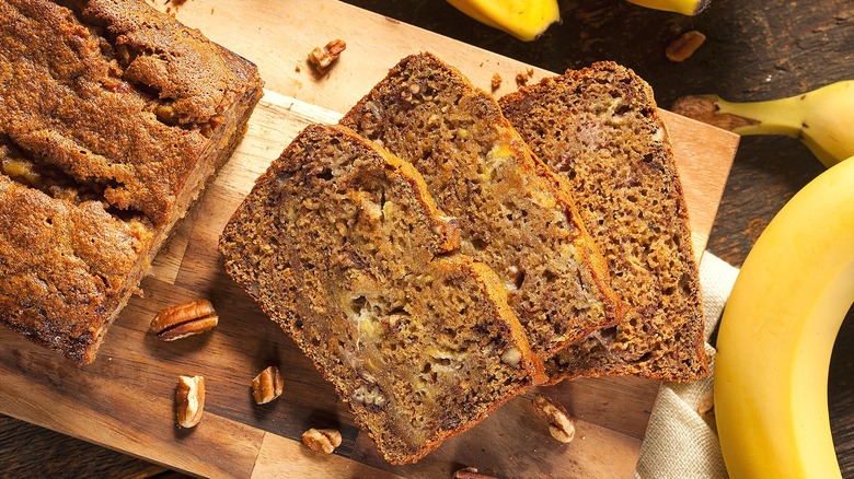 Sliced banana bread on cutting board