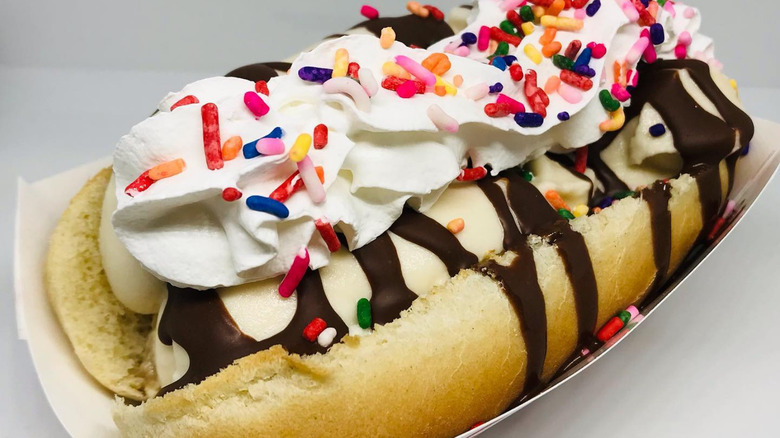 an ice cream hot dog with chocolate drizzle, whipped cream, and sprinkles