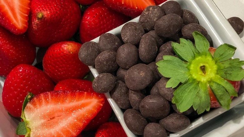 Dark chocolate sacha inchi seeds with fresh strawberries