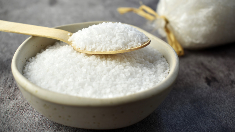 Salt in a white bowl with a spoonful of salt on top