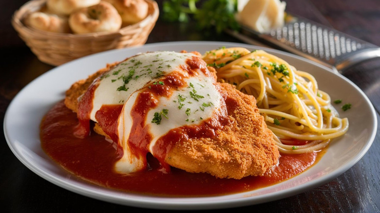 Chicken parmesan with cheese and pasta