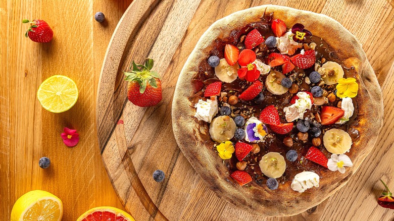 Pizza with chocolate spread and fruit