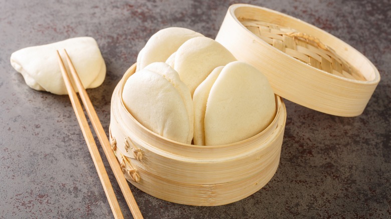 Bao buns in a steamer basket