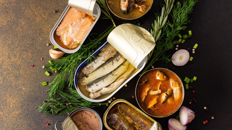 Open cans of fish and meat with fresh spices