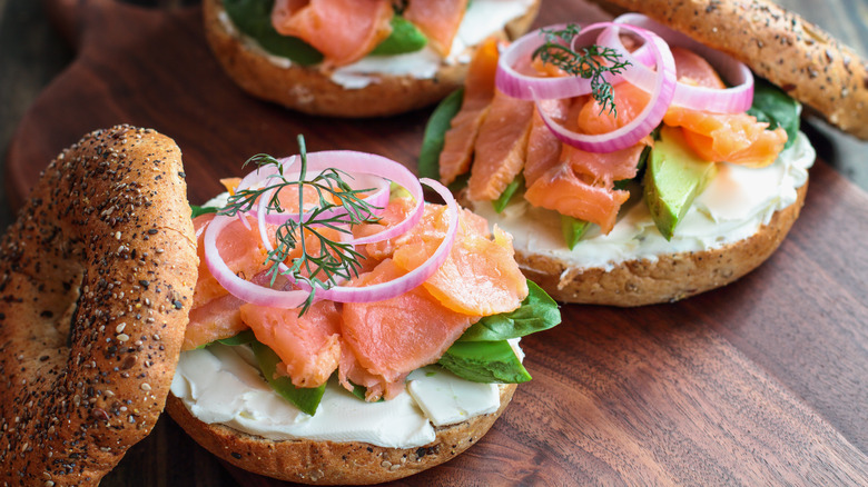 smoked salmon and cream cheese on bagel