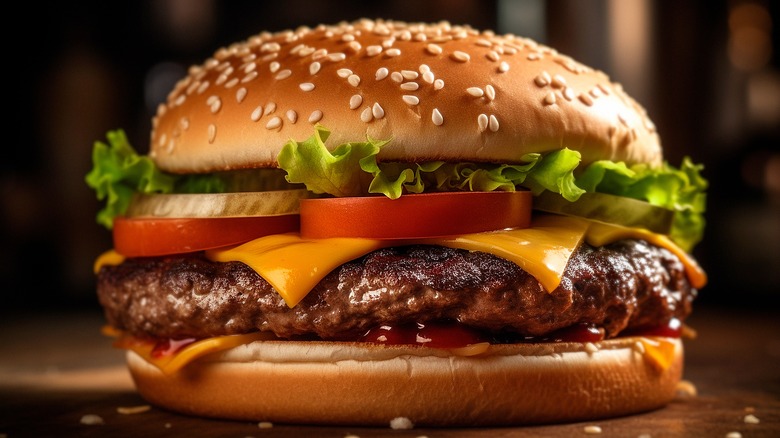 A large hamburger on a sesame bun