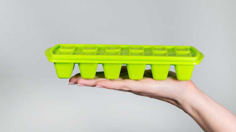 hand holding up green silicone ice cube tray