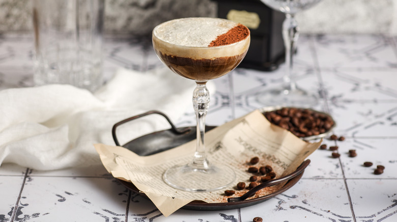 creamy espresso martini on handled tray
