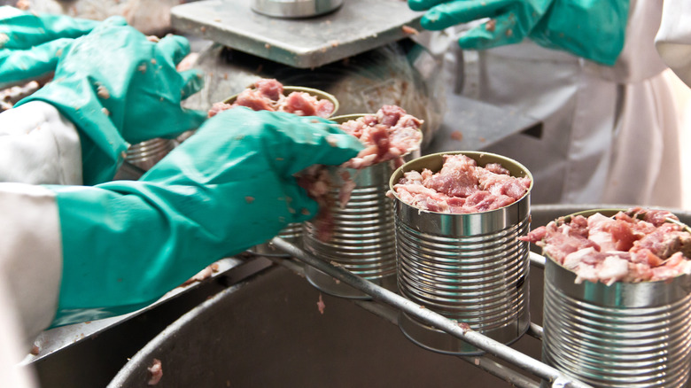 Canned meat on an assembly line