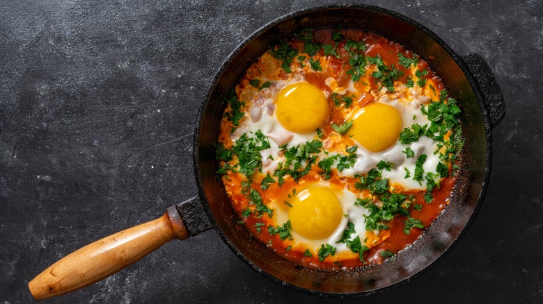 Shakshuka topped with three eggs in cast iron frying pan