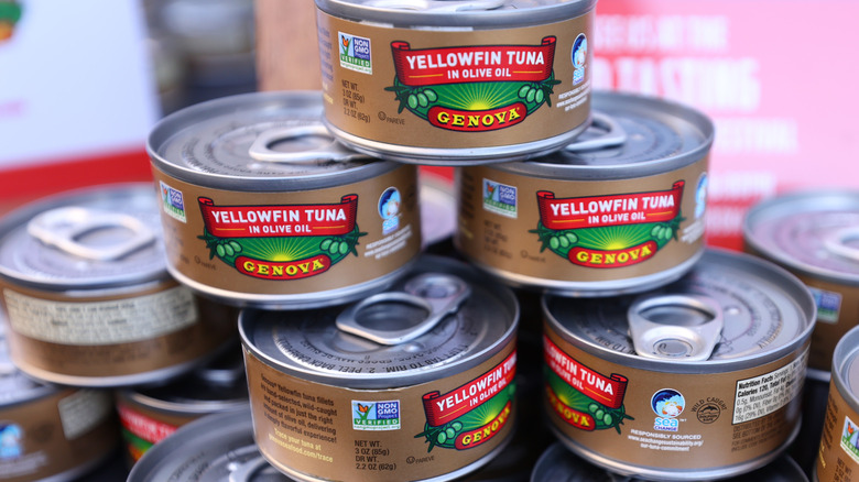 Stacked cans of Genova yellowfin tuna