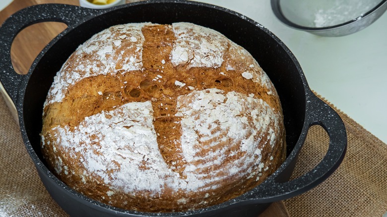 bread boule in cast iron pan