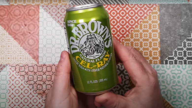 Two hands holding Dr. Brown's Cel-Ray soda