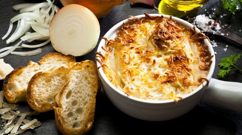 bowl of French onion soup and onions