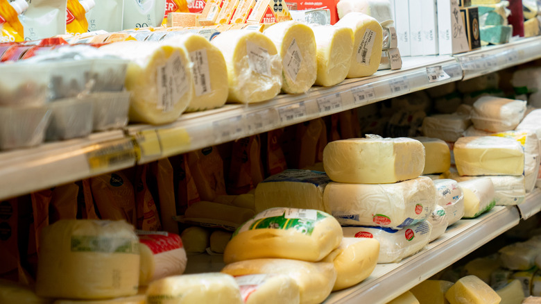 A variety of packaged cheeses in a refrigerated grocery aisle