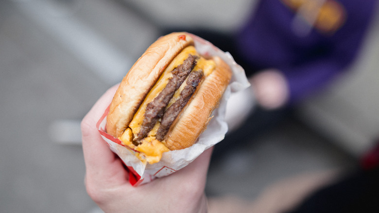 person holding a cheese burger