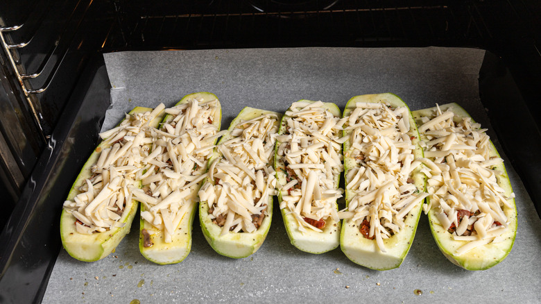 Zucchini boats going in the oven.