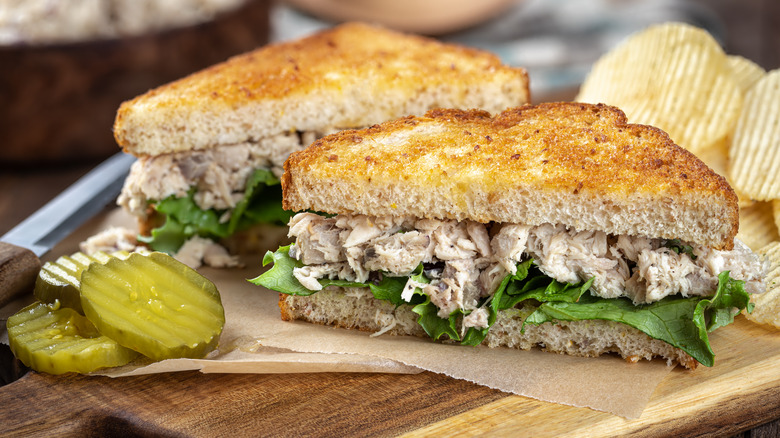 tuna salad on bread with pickle slices