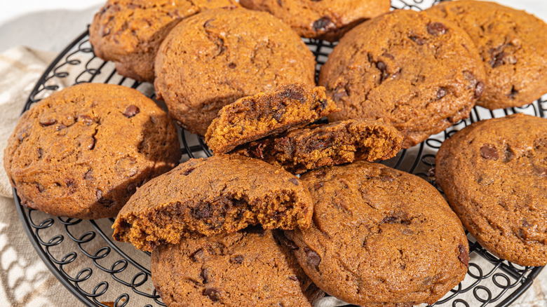 Pumpkin chocolate chip cookies on a black cooking rack