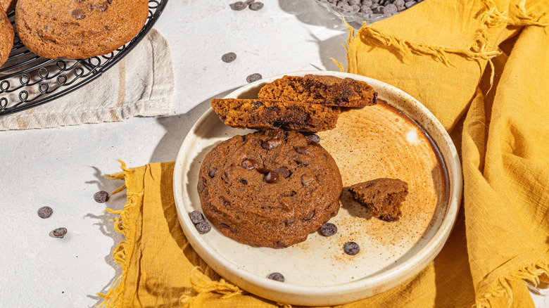 Pumpkin chocolate chip cookies on a plate